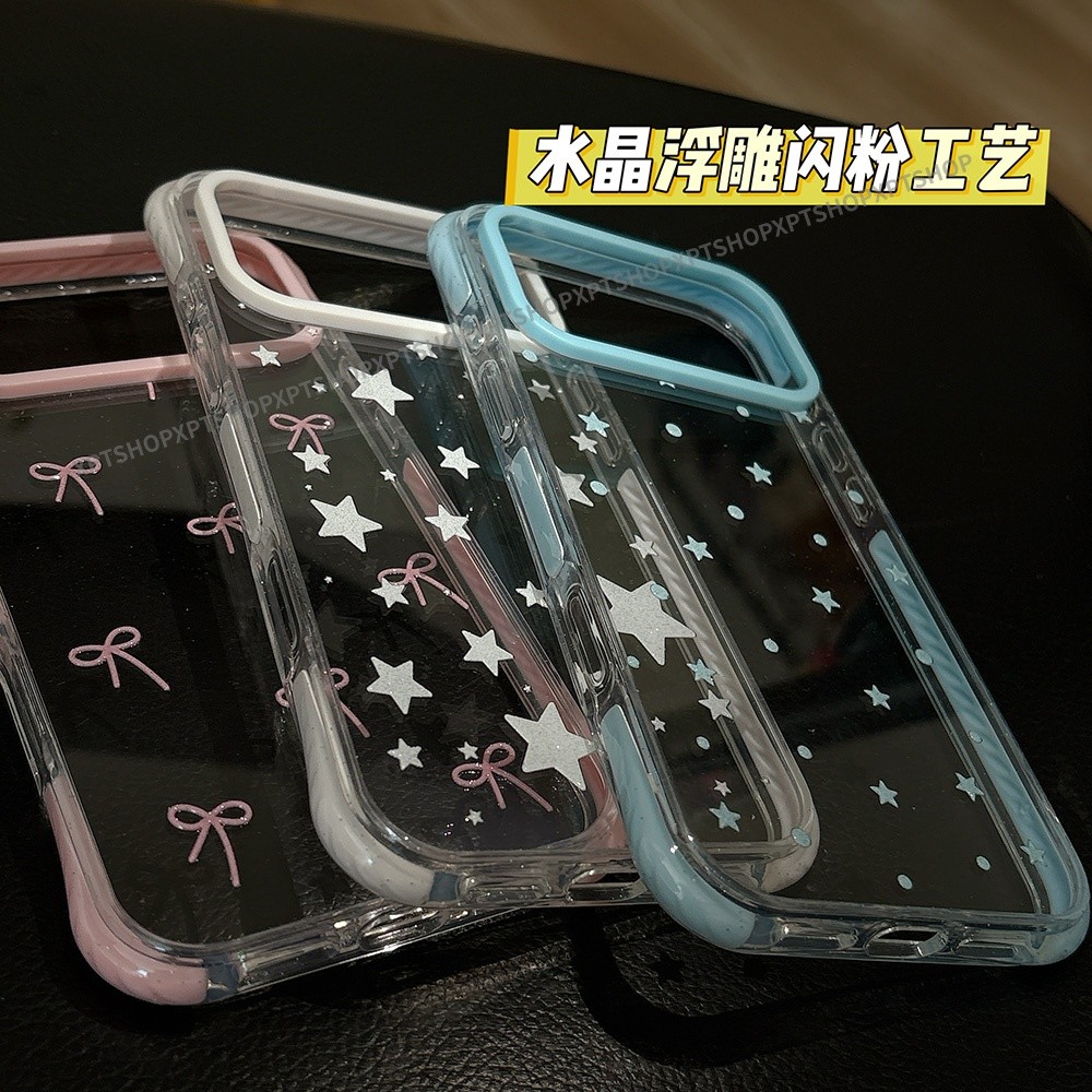 Ốp Điện Thoại Acrylic Emboss Stars Bowknot Cho iPhone 17 Pro Max 16 15 Pro Max Vỏ Bảo Vệ Bốn Góc Chống Sốc