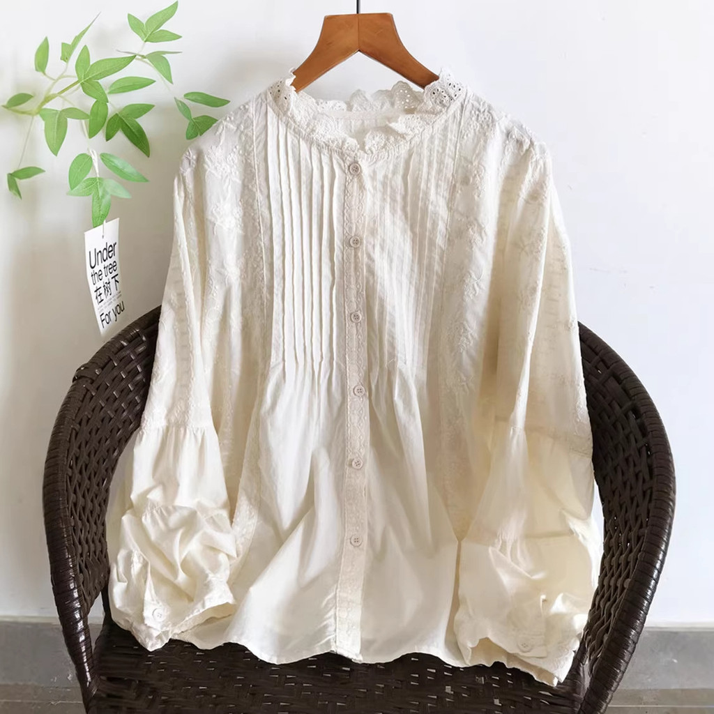 Áo sơ mi nữ cotton nguyên chất màu trơn kiểu Pháp, cổ ren đứng xếp li, phong cách văn học