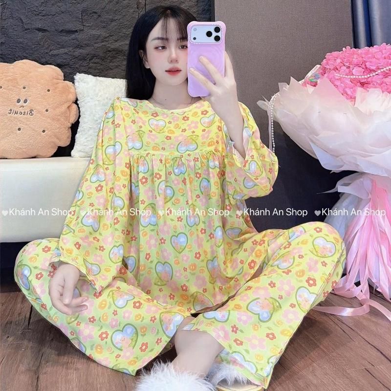 HÀNG CHUẨN Khánh An Shop Babydoll KA123 - Đồ Bộ Tole Lanh Nữ Mặc Nhà Áo Cổ Tròn Tay Dài Quần Dài Size M/L/XL E8