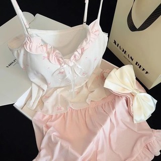 [Pre-Order]-Bộ đồ ngủ nữ chất liệu lụa băng cỡ lớn, màu hồng với miếng đệm ngực thoải mái cho mùa hè hàng fullsize mẫuới