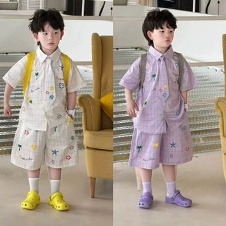Bộ đồ bé trai caro mùa hè - Áo sơ mi tay ngắn phối quần short thêu họa tiết phong cách Hàn