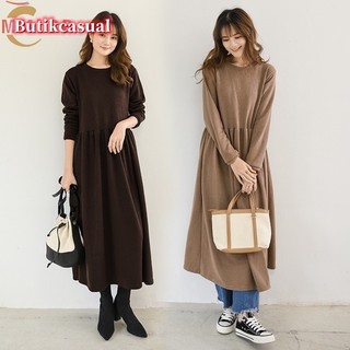 Váy một mảnh dài tay mùa thu đông cho bé gái Váy chui đầu dài xoay lớn phiên bản Váy một mảnh hẹp phong cách Nhật Bản Váy dài dáng rộng sàn @ -