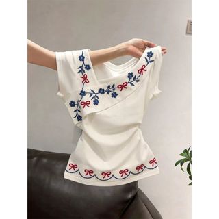 [Giảm giá 50%] Áo thun ngắn tay thêu hoa trắng dành cho nữ Mùa hè Retro Tính khí Sli