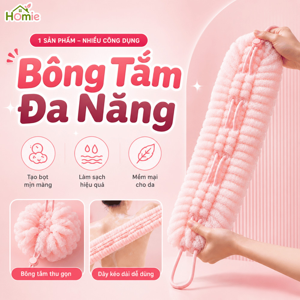 Bông Tắm Lưới Tạo Bọt 2in1 Kéo Dãn 49CM Chà Lưng HOMIE, Bông Tắm Dài Sợi Nylon Không Xù, Mềm Mịn