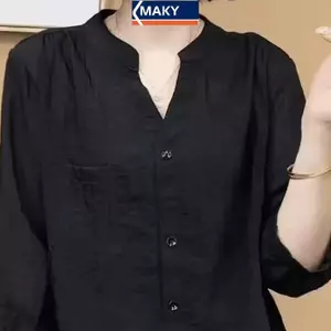 Áo sơ mi nữ màu trơn MAKY mùa hè V-Ne dài tay dáng rộng hàng đầu VN