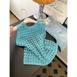 Áo Vest không tay cổ tròn màu xanh lá cây cổ tròn rỗng kiểu dáng ngắn xếp lớp Hot Girl Áo không tay