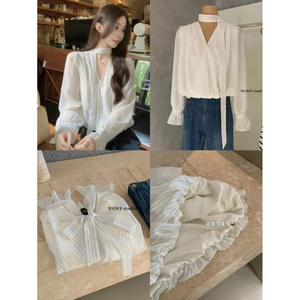 MIE96 x WGWE |Áo Sơ Mi Sọc Vintage 2 Lơp – Cổ V Buộc Dây, Tay Dài, Phong Cách Retro Thanh Lịch – W8585#