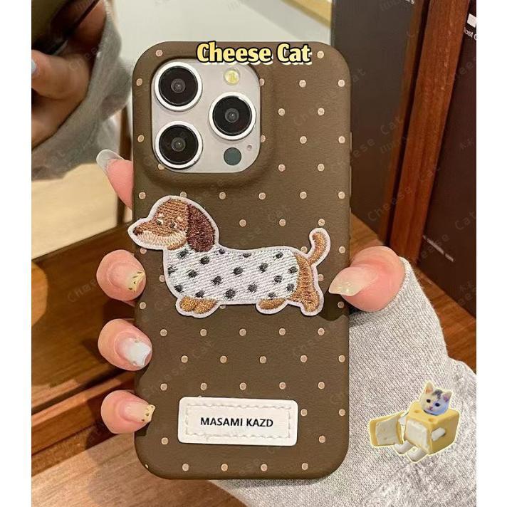 Thêu Nâu Dachshund Dành Cho iPhone 14 15 Plus Xs Max XR 7 Plus 16 13 12 11 17 Pro Max Bao Da Điện Thoại