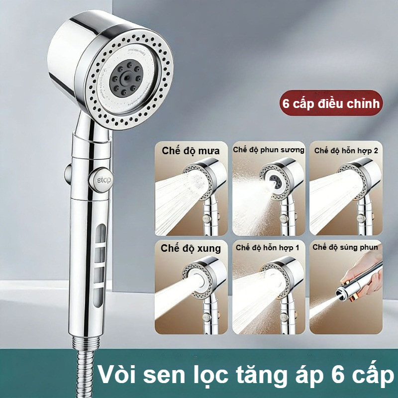 Vòi sen lọc áp lực cao tích hợp bộ lọc kháng khuẩn, nhiều chế độ điều chỉnh, thích hợp sử dụng trong phòng tắm.