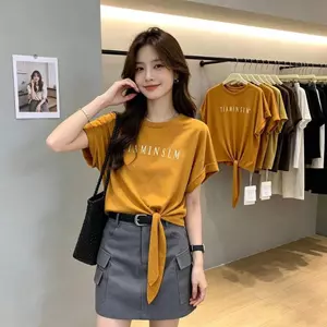 Áo thun buộc dây màu cam mùa hè phong cách Hàn Quốc in chữ dáng rộng ngắn hẹp