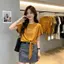 Áo thun buộc dây màu cam mùa hè phong cách Hàn Quốc in chữ dáng rộng ngắn hẹp