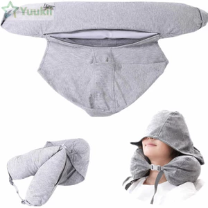 Gối cổ du lịch YUUKII, Gối cổ máy bay hỗ trợ có thể đổ đầy, có mũ trùm đầu có túi lưu trữ Gối ngủ chặn ánh sáng để ngủ tại nhà ô tô Máy bay khách sạn Cắm trại