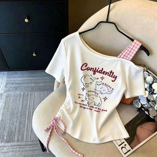 Áo thun bé gái cotton in hình dễ thương lệch vai - áo tay ngắn mùa hè thời trang cho trẻ em
