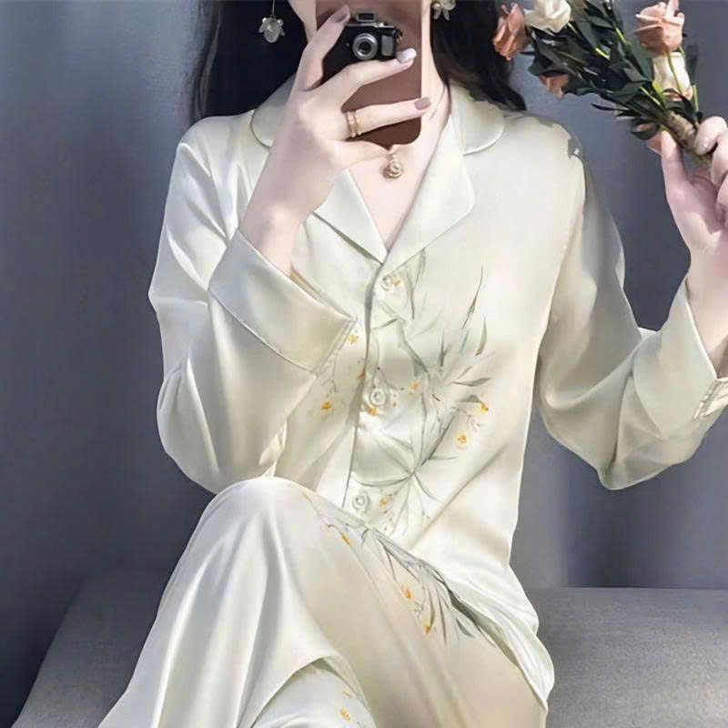 KKY Đồ Bộ Pijama Nữ Dài Màu Trơn Lụa Xước Ánh Kim Mềm Mịn Mát Pijama TT