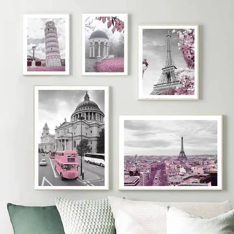 Poster phong cảnh thành phố Pháp hiện đại, thích hợp để trang trí nhà cửa phòng khách, màu hồng và đen Tháp Eiffel Paris vẽ tranh tường nghệ thuật