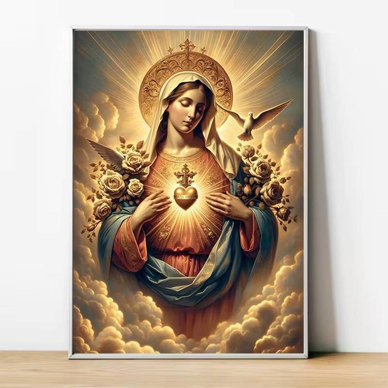 Nghệ thuật treo tường Scandinavia cổ điển của Đức Trinh Nữ Maria và Thánh Tâm Chúa Giêsu. Poster Christian HD để in vải canvas cho trang trí nhà, phòng ngủ và phòng khách