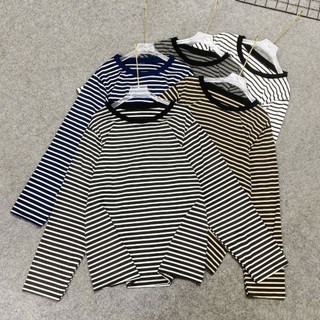 Áo Phông Bigsize Nữ Áo Thum Form Rộng Kẻ Sọc Ngang Cổ Tròn Tay Dài Cho Chubby A296