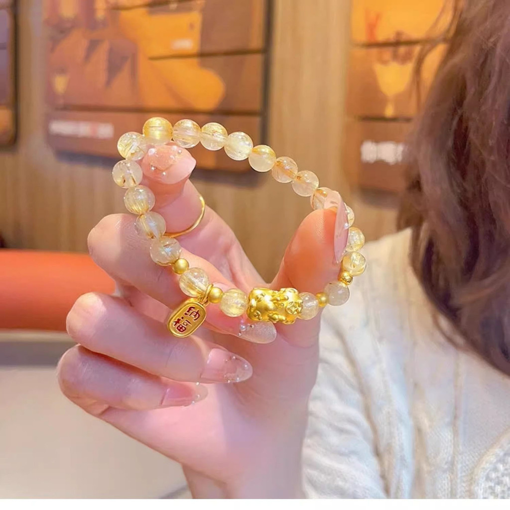 Phong Cách Mới Xiaopengfu Citrine Vòng Tay Pha Lê INS Niche Cao Cấp Dân Tộc Sự Giàu Có Thu Hút Đính Hạt Nẹp