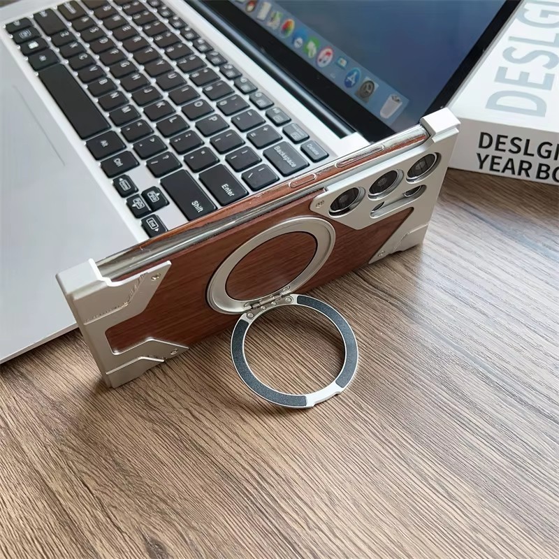 Dành Cho Samsung Galaxy S23 S22 S24 S25 S26 Ultra Walnut Gỗ Kim Loại Viền Giáp 360° Giá đỡ từ tính xoay Vỏ chống sốc