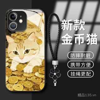 Mèo Đồng Xu Vàng Thích Hợp Cho iPhone 17 / 16 / 15 14 13 12 11 Vỏ Điện Thoại Thủy Tinh Sơn Kim Loại