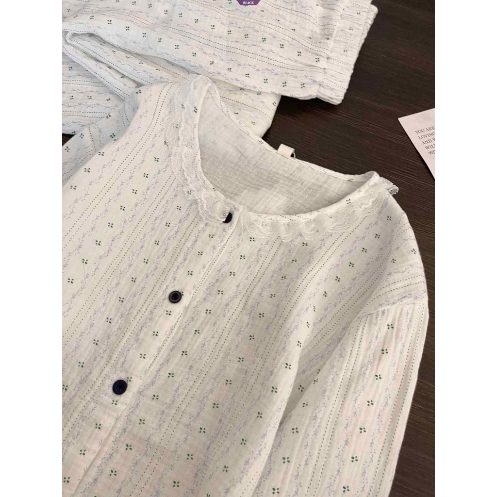 Bộ đồ ngủ hoa ren sọc nữ, quần dài tay, style Nhật Bản phù hợp xuân thu