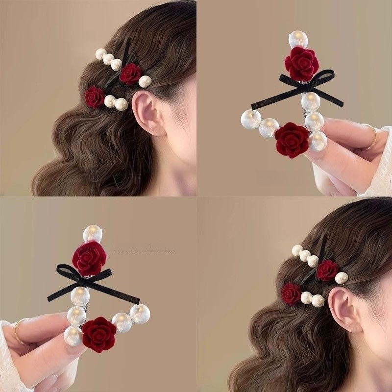 Vỉ 2 Kẹp Tóc Mỏ Vịt Hoa Hồng Phối Nơ Ngọc Dễ Thương Phụ Kiện Tóc