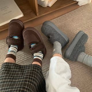 XIXITIAO Giày Cotton Đế Dày Lót Lông Cừu Giữ Ấm Nữ Thu Đông Dễ Thương Pháp Thoải Mái