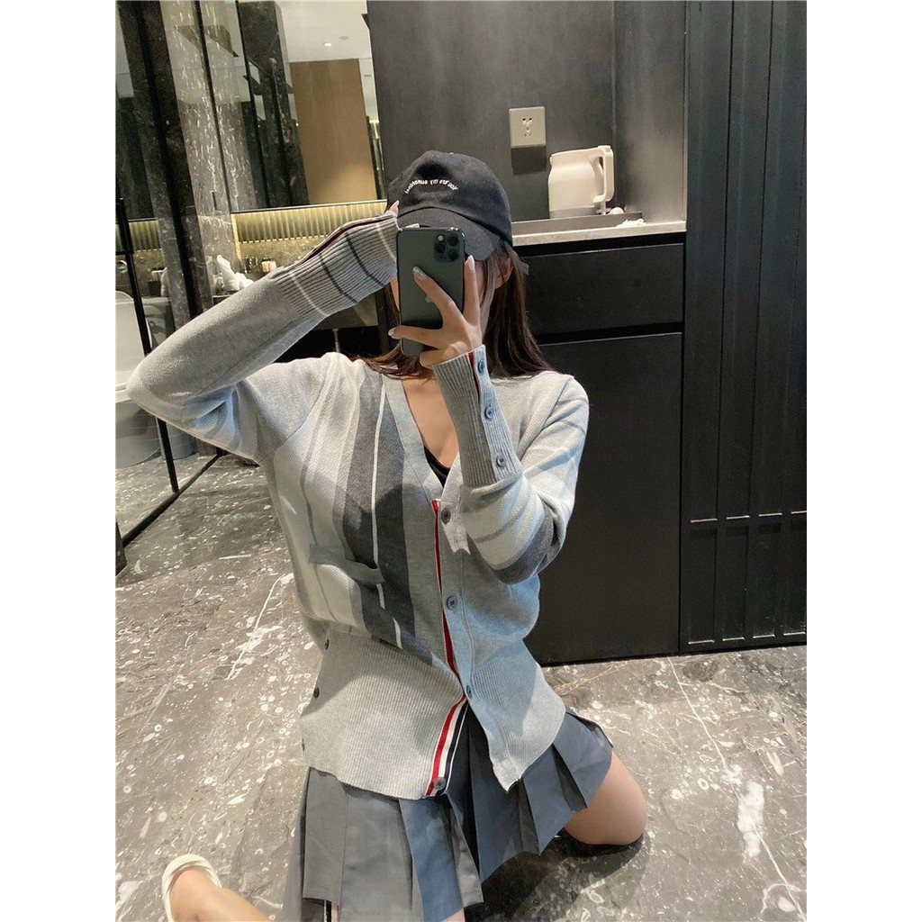 thombrowne Gray Contrast Color Striped Cardigan8787Style Color Block Knitted Jacket Asymmetric Striped Jacquard Sweater Top for Women