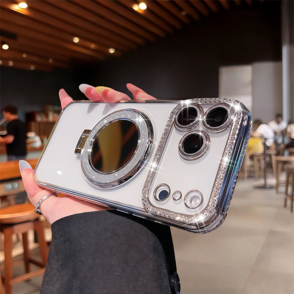 Ốp điện thoại giá đỡ gương màu hồng lấp lánh sang trọng cho iPhone 17 12 13 14 15 16 Pro Max Air 15 16 plus Bảo vệ Camera ống kính Vỏ chống sốc Vỏ mềm TPU vỏ bảo vệ điện thoại
