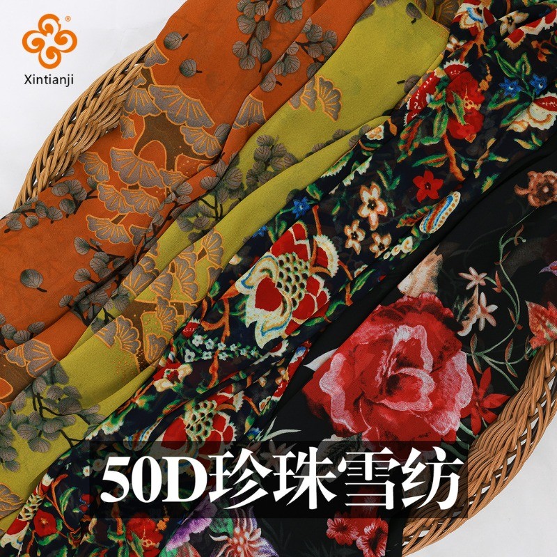 50D Ngọc Trai Voan In Vải Phong Cách Trung Hoa Khăn Lụa Đi Biển DIY Cho Nữ Đầm Mùa Hè Quần Áo Vải