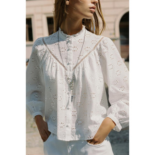 Áo Sơ mi Zara made in Morocco thêu đột rỗng cổ tròn bèo màu nhẹ nhàng