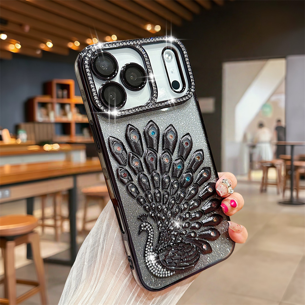 Ốp điện thoại hình con công Flash Diamond 3D cho iPhone 17 Pro Max 16 13 14 15 Pro Max Air Phim bảo vệ gương chống rơi TPU mềm vỏ bảo vệ điện thoại