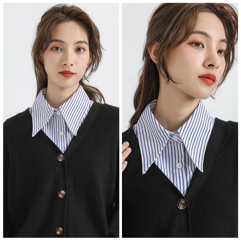 Cổ giả Monica Style, áo sơ mi nữ màu xanh sọc với phần cổ tháo rời