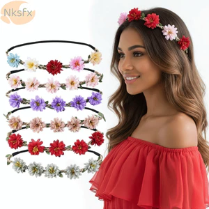 Vương miện vòng hoa NKSFX, Vương miện hoa dệt tay ruy băng có thể điều chỉnh, Vòng tóc hoa lụa hồng thanh lịch màu hồng sang trọng dành cho đám cưới cô dâu