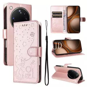 Ốp Lưng Cho OPPO Find X9 Ultra Dập Nổi Mèo Và Ong Da Khe Cắm Thẻ Dây Đeo Tay Chống Rơi Vỏ Điện Thoại