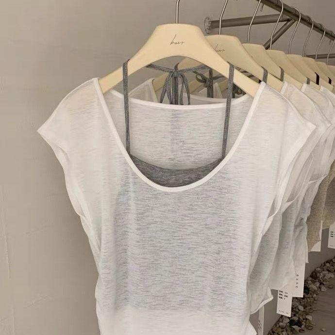 [Giảm giá trong thời gian có hạn] Áo thun ngắn tay cổ chữ U cỡ lớn dành cho nữ Áo yếm dây, Slim-fit Slimmer Look Hẹp-Waisted Sunscre