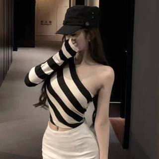 Strongaroetrtomj Áo thun sọc giản dị dành cho nữ Áo crop top dệt kim không đều đơn giản VN