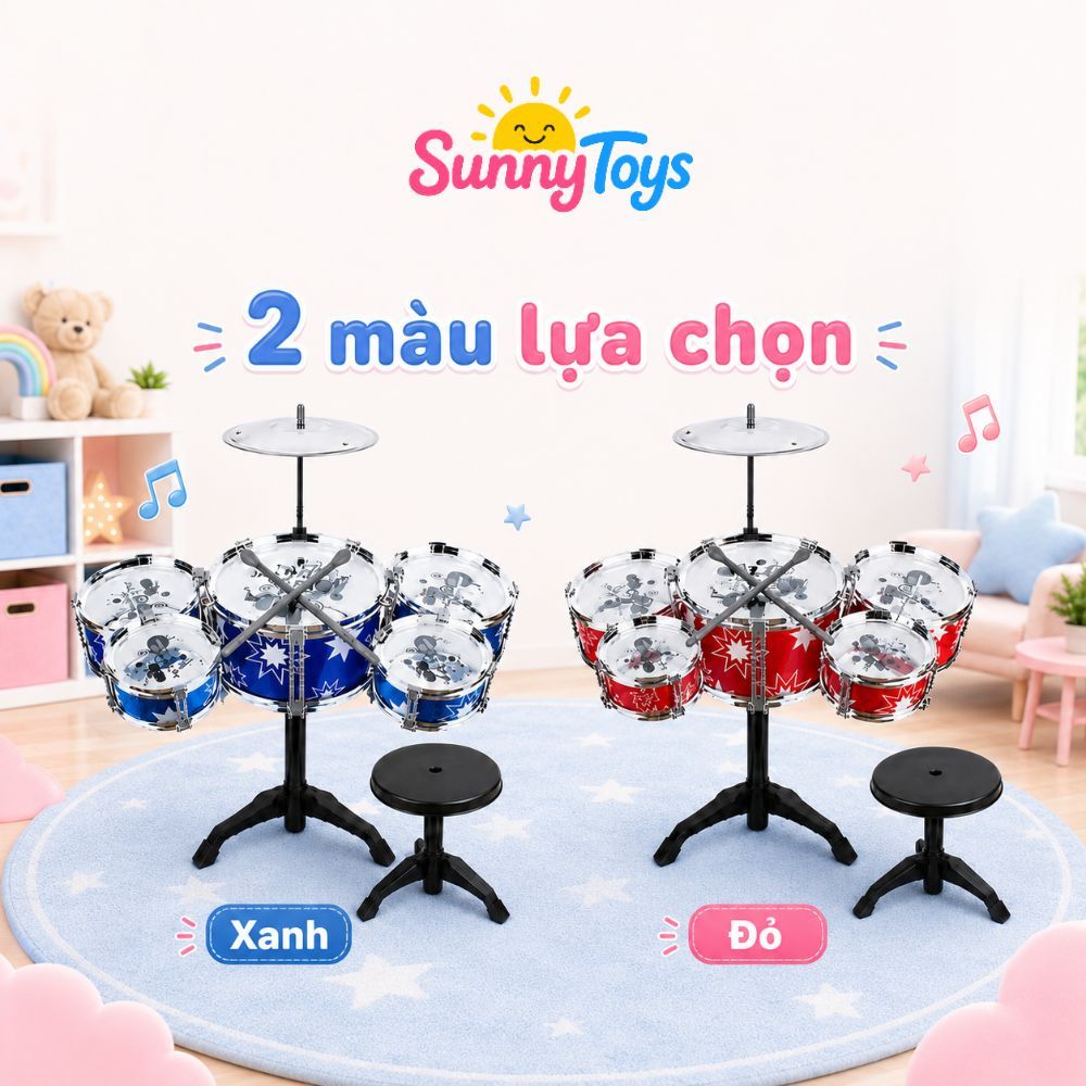 Dàn Trống Jazz Mini Sunnytoys Kèm Ghế - 5 Mặt Trống, 1 Chũm Chọe Cho Bé Vui Chơi Âm Nhạc