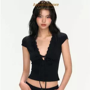 Áo thun viền ren IAPPORTUNIA, Áo thun cổ chữ V sâu màu trơn mỏng, Áo Crop top ngắn tay Slim Fit