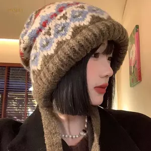 PNPIA- Mũ Dệt Kim Nữ Len Hỗn Hợp Retro Mũ Len Giữ Ấm Đầu Lớn Kích Thước Mũ Chống Lạnh Cho Đầu Nam