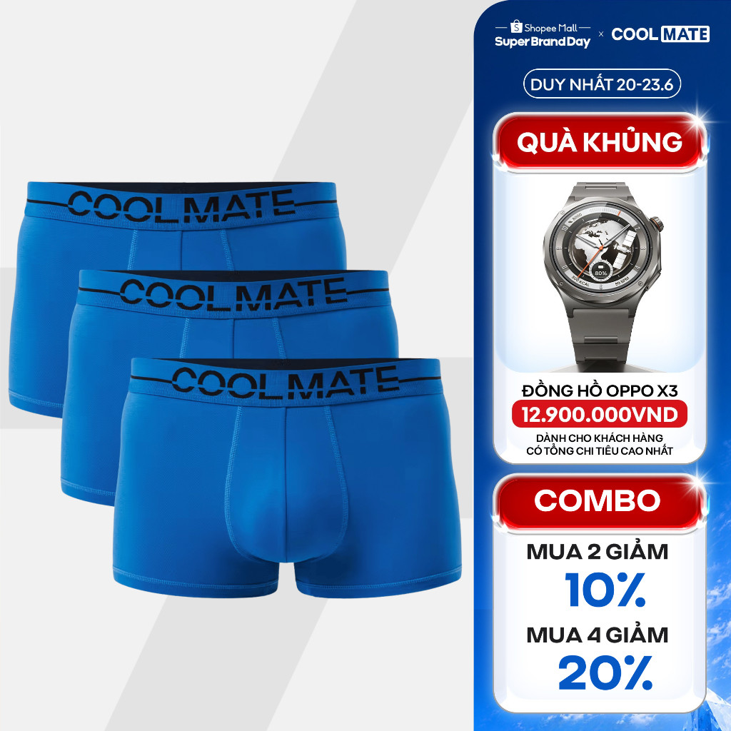 [MUA 4 GIẢM 20%]Combo 3 Quần lót Nam Trunk Ex-Comfort Modern Bamboo màu Xanh Coban mềm mại kháng khuẩn Coolmate