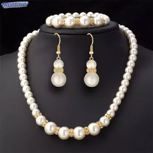 Bluelover 3in1 Bộ Thanh Lịch Mô Phỏng Ngọc Trai Nelace Bông Tai Vòng Tay Dài Nelace Nữ Cô Dâu Cưới Trang Sức Quà Tặng Mới