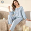 Vòng bít co giãn viền ren nữ Bộ đồ dài tay / Quần dài tay cổ tròn chấm bi Bộ đồ ngủ Cotton nguyên chất / Thoải mái