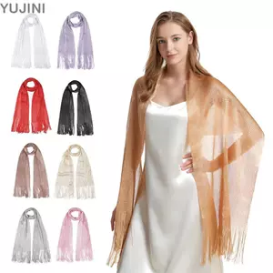 Khăn lụa tua rua YUJINI, Khăn quàng cổ mỏng màu bạc vàng sáng bóng, Khăn quàng cổ chống nắng thời trang Yếm Hijab cho mùa xuân, mùa hè, mùa thu