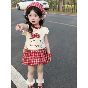 Bộ đồ hoạt hình bé gái Bộ đồ váy ca rô hàng đầu dễ thương thời trang cho bé
