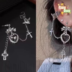 Bông tai chuỗi pha lê trái tim - Kẹp tai mặt dây chuyền chữ thập hợp kim trên bông tai - Punk, Gothic, Hip Hop - Phụ kiện trang sức - dành cho bé gái cay mặc dạo phố / Miễn phí vận chuyển
