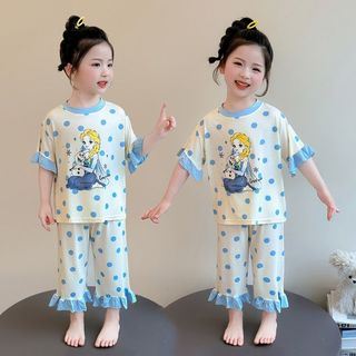 Bộ đồ ngủ bé gái mùa hè 2 món – set đồ mặc nhà lụa lạnh chấm bi viền bèo dễ thương