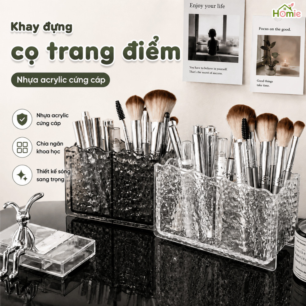 Khay Đựng Mỹ Phẩm, Hộp Đựng Bút Để Bàn, Hộp Để Cọ Trang Điểm 2 Ngăn Kim Cương Trong Suốt HOMIE