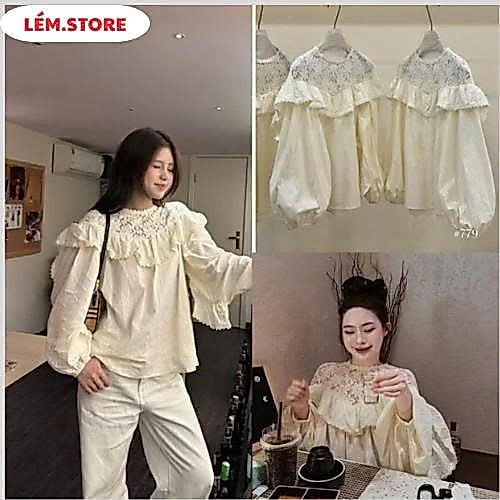 AO SƠ MI  cổ ren phối bèo dáng rộng phong cách hàn quốc cho nàng