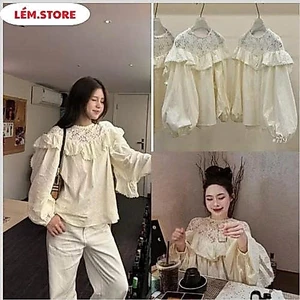 AO SƠ MI cổ ren phối bèo dáng rộng phong cách hàn quốc cho nàng
